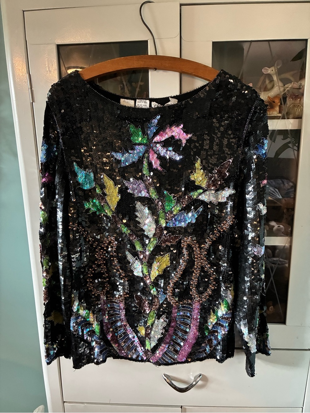 Oleg Cassini sz M Silk Sequin Floral Embellished Women's Top euc